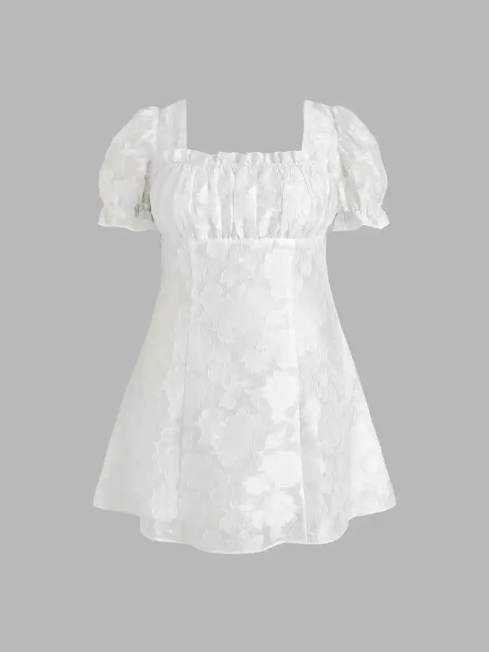 solid floral lace mini dress Champagne Floral Lace Long Sleeve Ruffle Hem Mini Dress main image 0