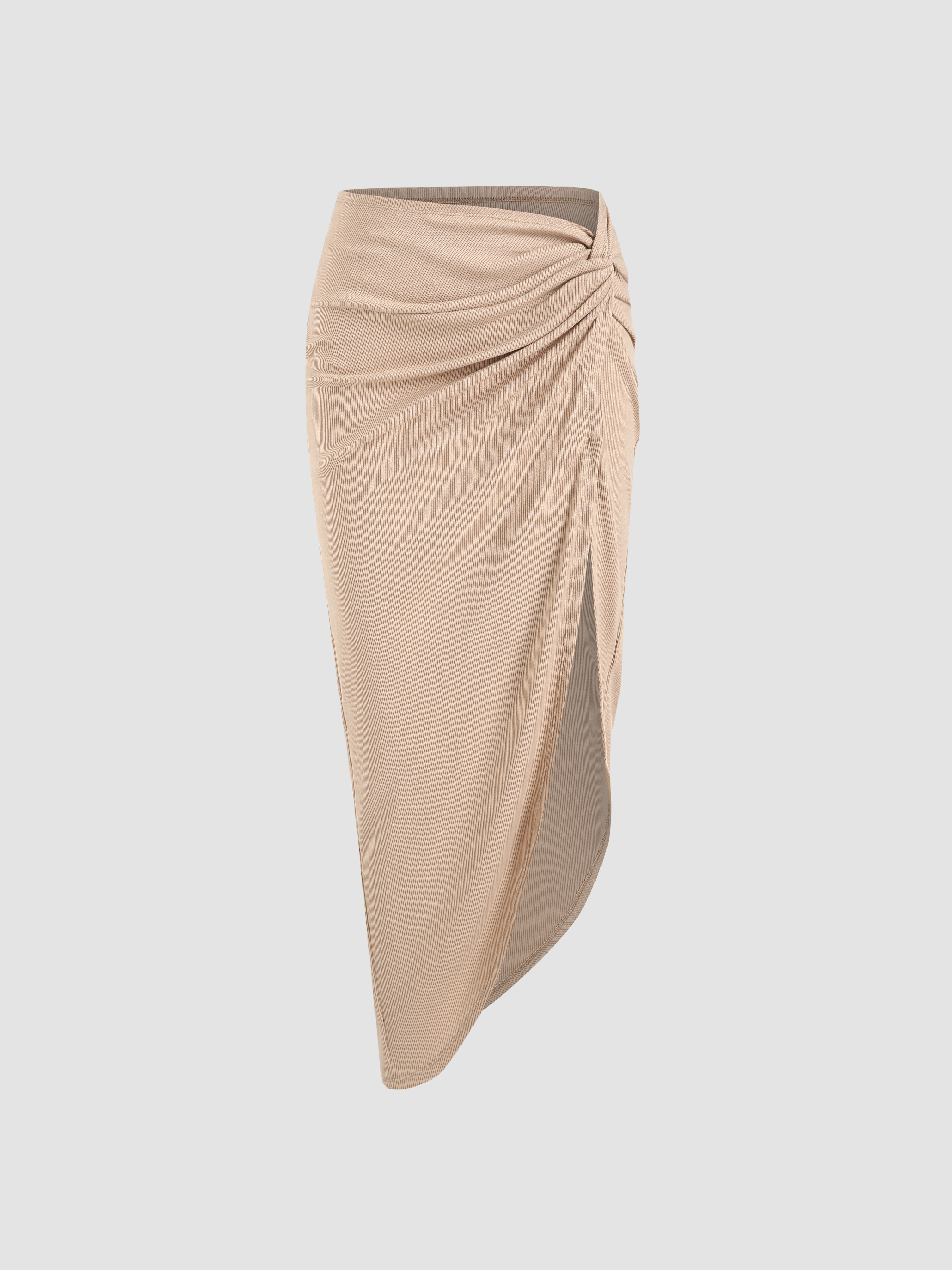 Solid Rib Ruched Asymmetrical Hem Midi Skirt - Cider