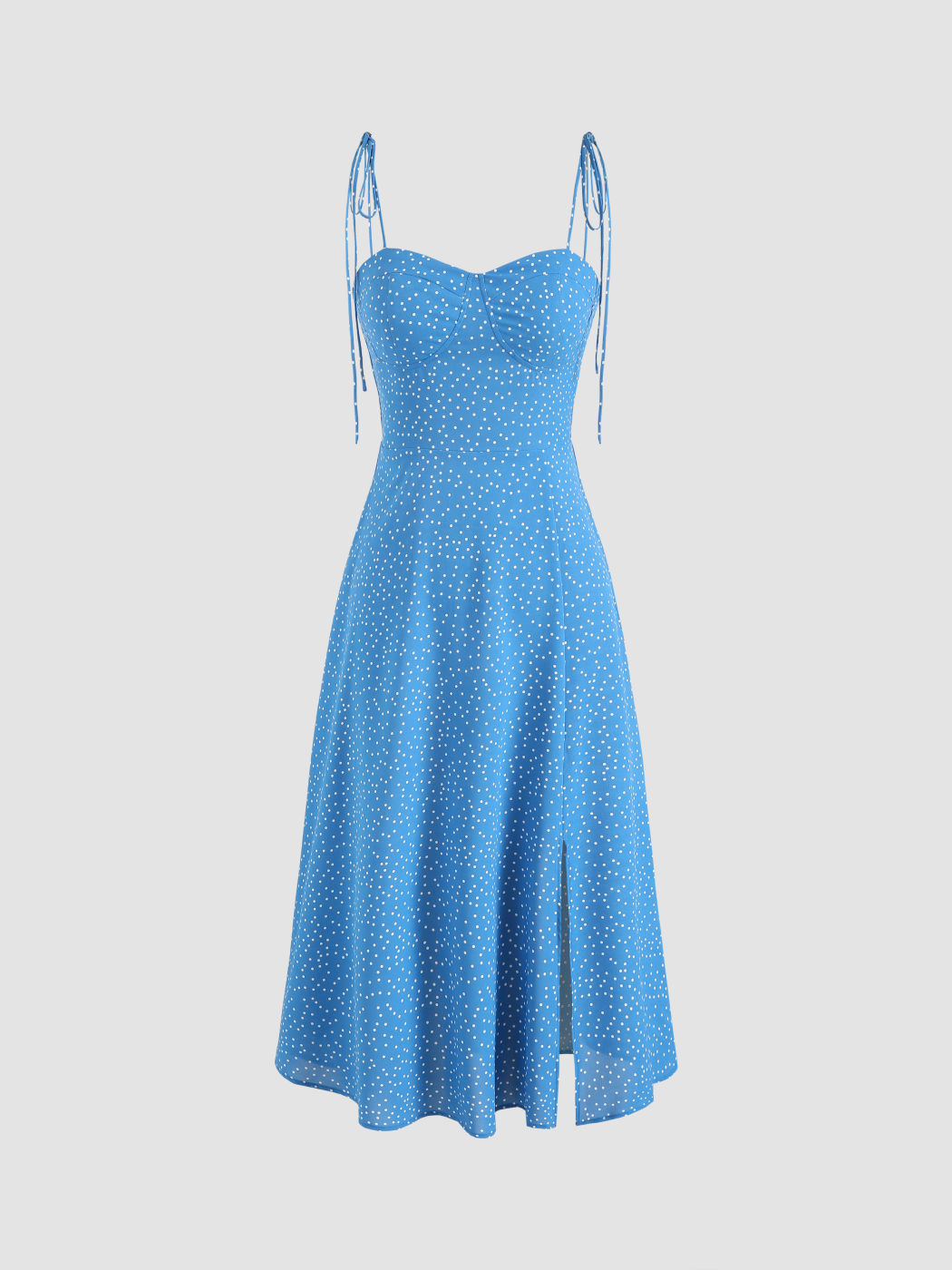 Polka Dot gerafftes, geschlitztes Kleid