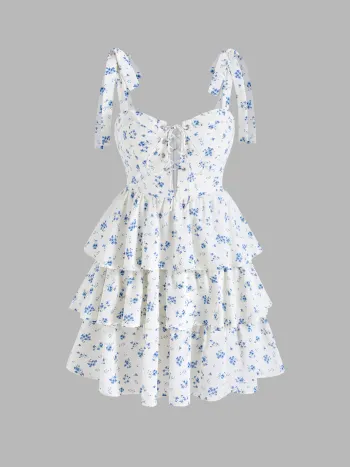  Ditsy Floral Schnürung Geschichtetes Minikleid