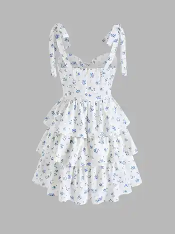  Ditsy Floral Schnürung Geschichtetes Minikleid