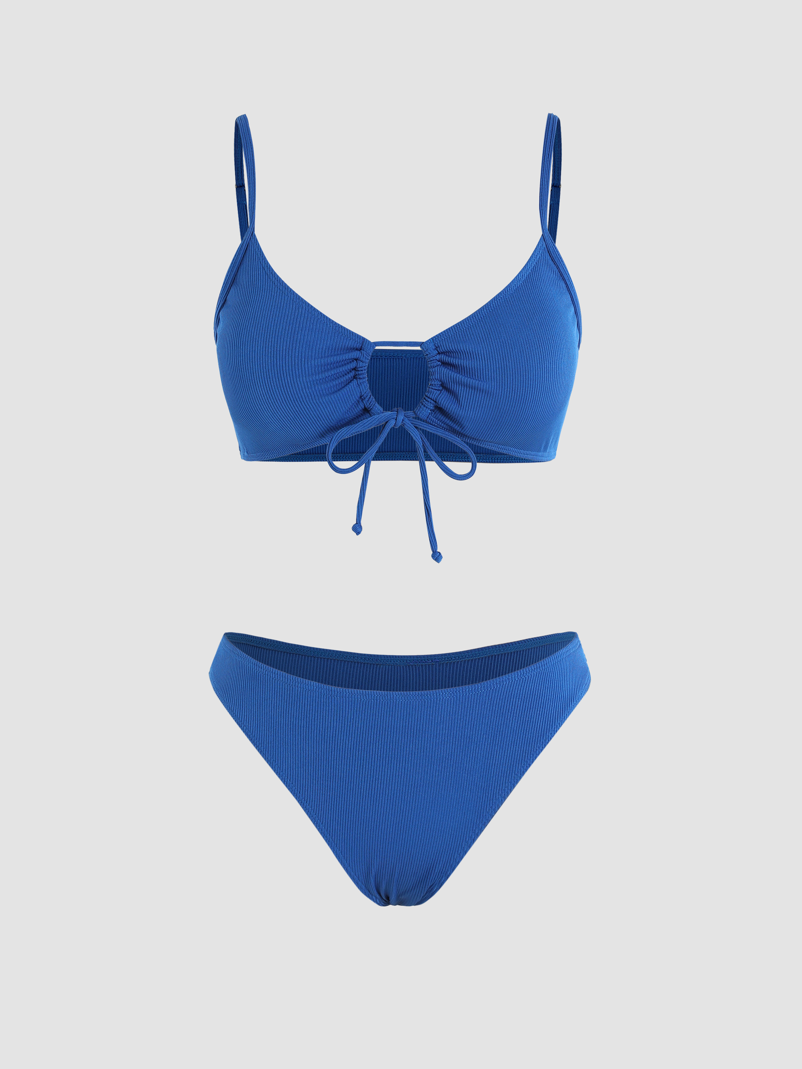 Solid Rib Tie Bikini Swimsuit