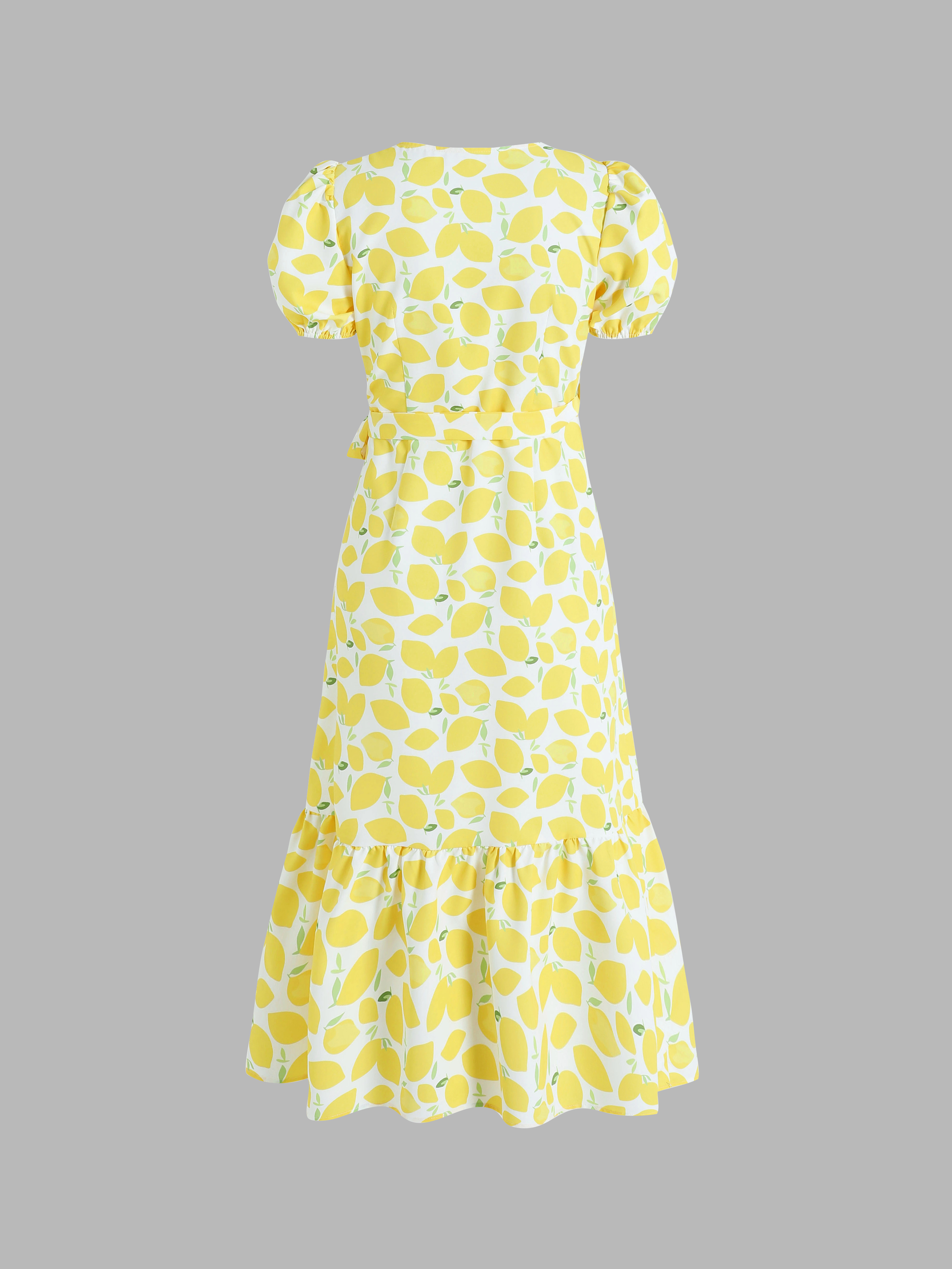 Lemon Puff Sleeve Slit Maxi Dress For Date Exhibition Vacation