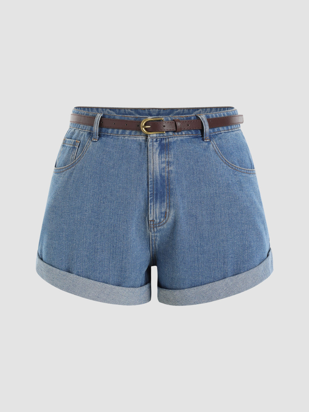 Pocket Denim Shorts With Belt Curve & Plus - Cider
