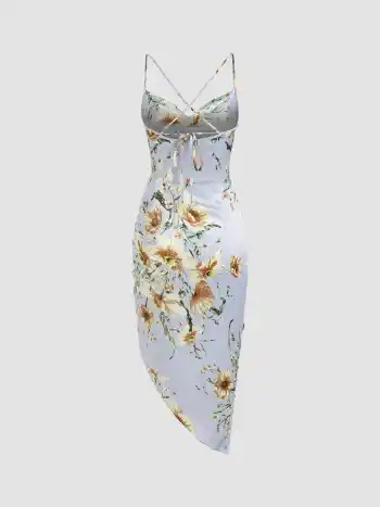 Geblümtes Midikleid aus Satin mit Rüschen