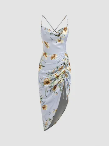 Geblümtes Midikleid aus Satin mit Rüschen