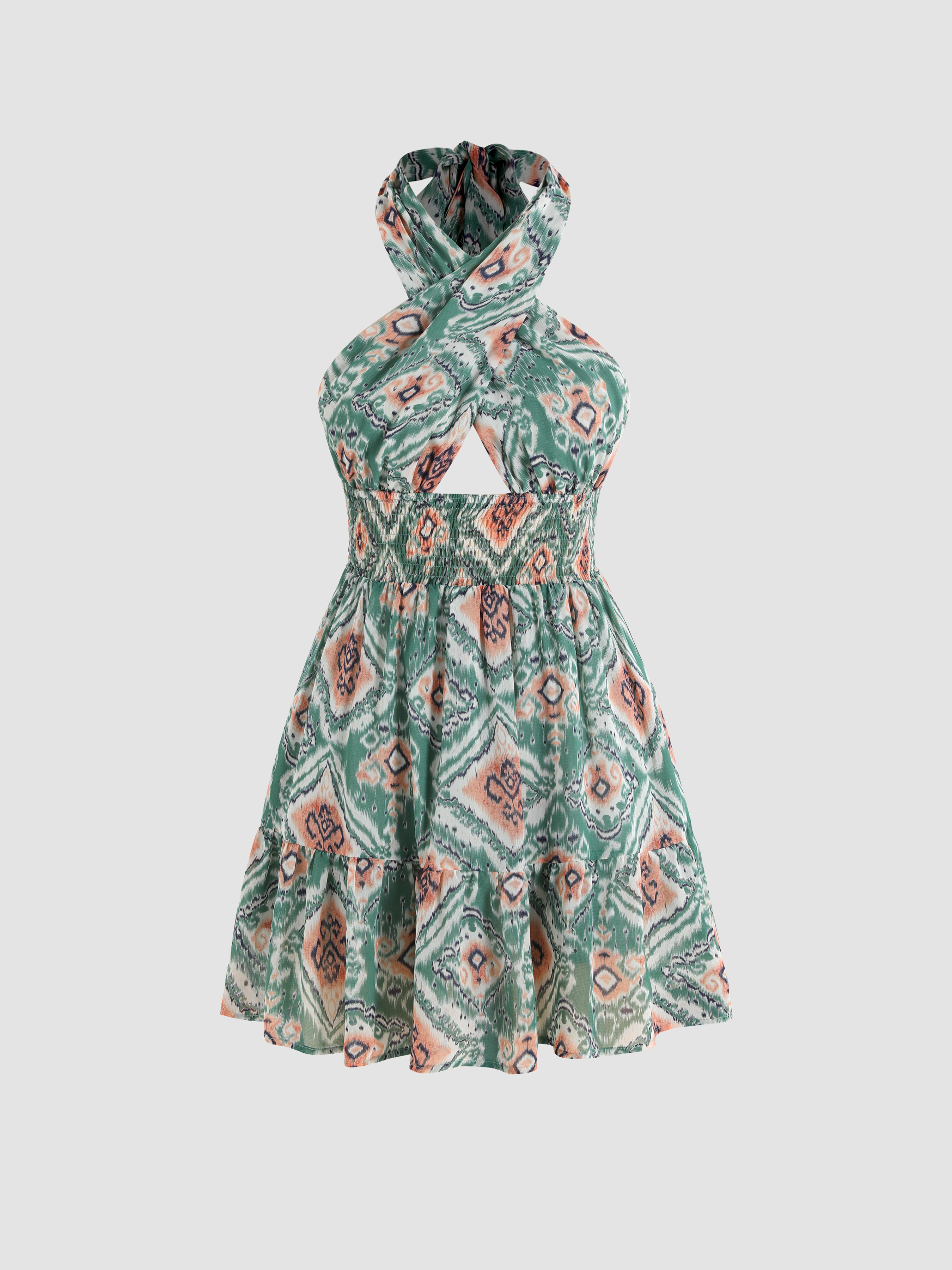 Boho Shirred Halter Mini Dress Cider