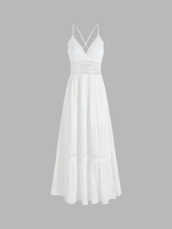 Solid Lace Trim Tiered Maxi Dress