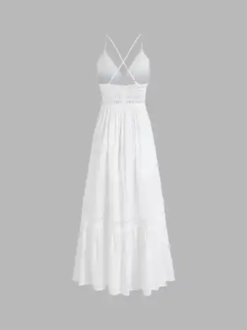 Solid Lace Trim Tiered Maxi Dress