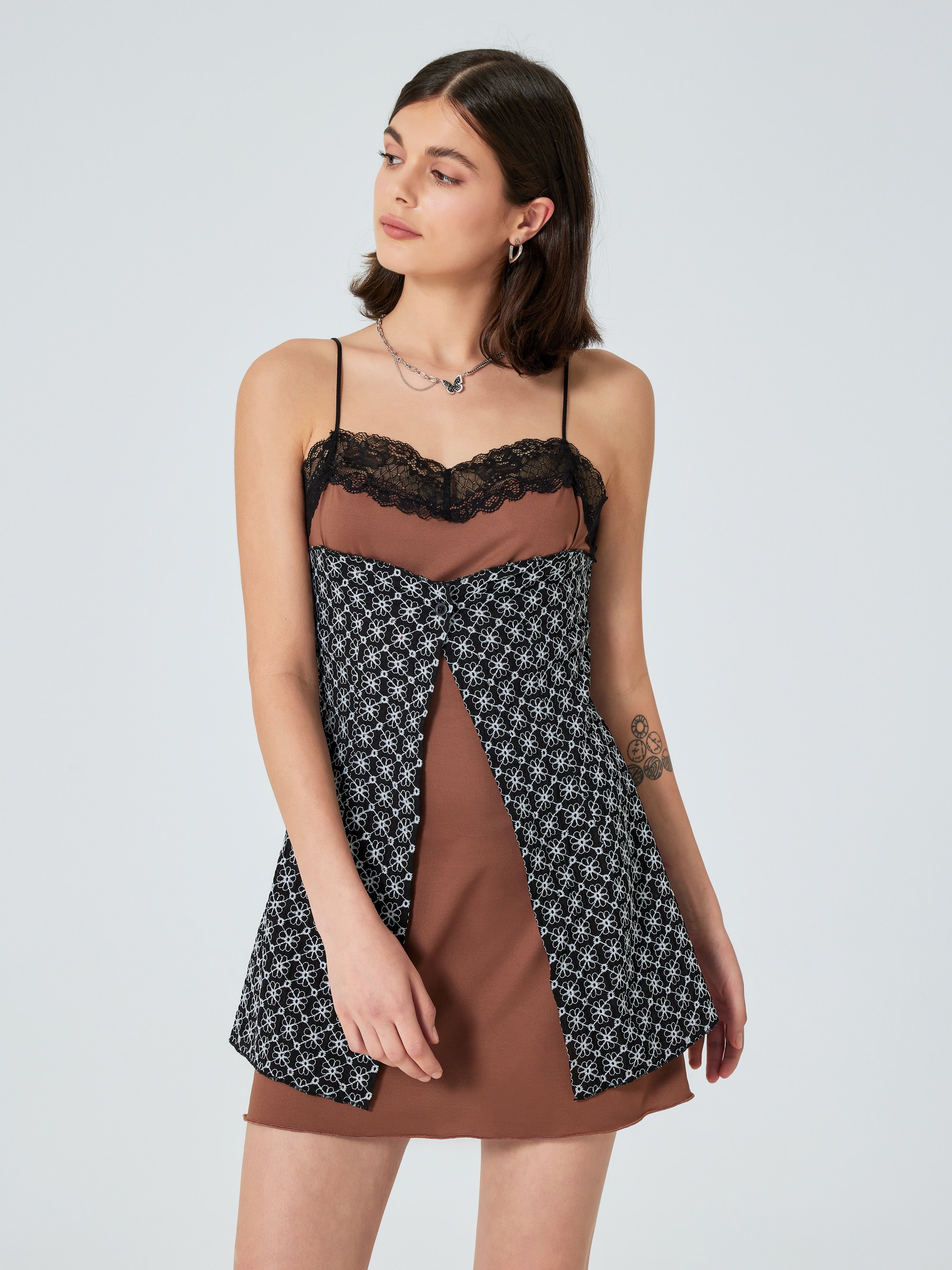 Floral Print Lace Patchwork Mini Dress For Vacation