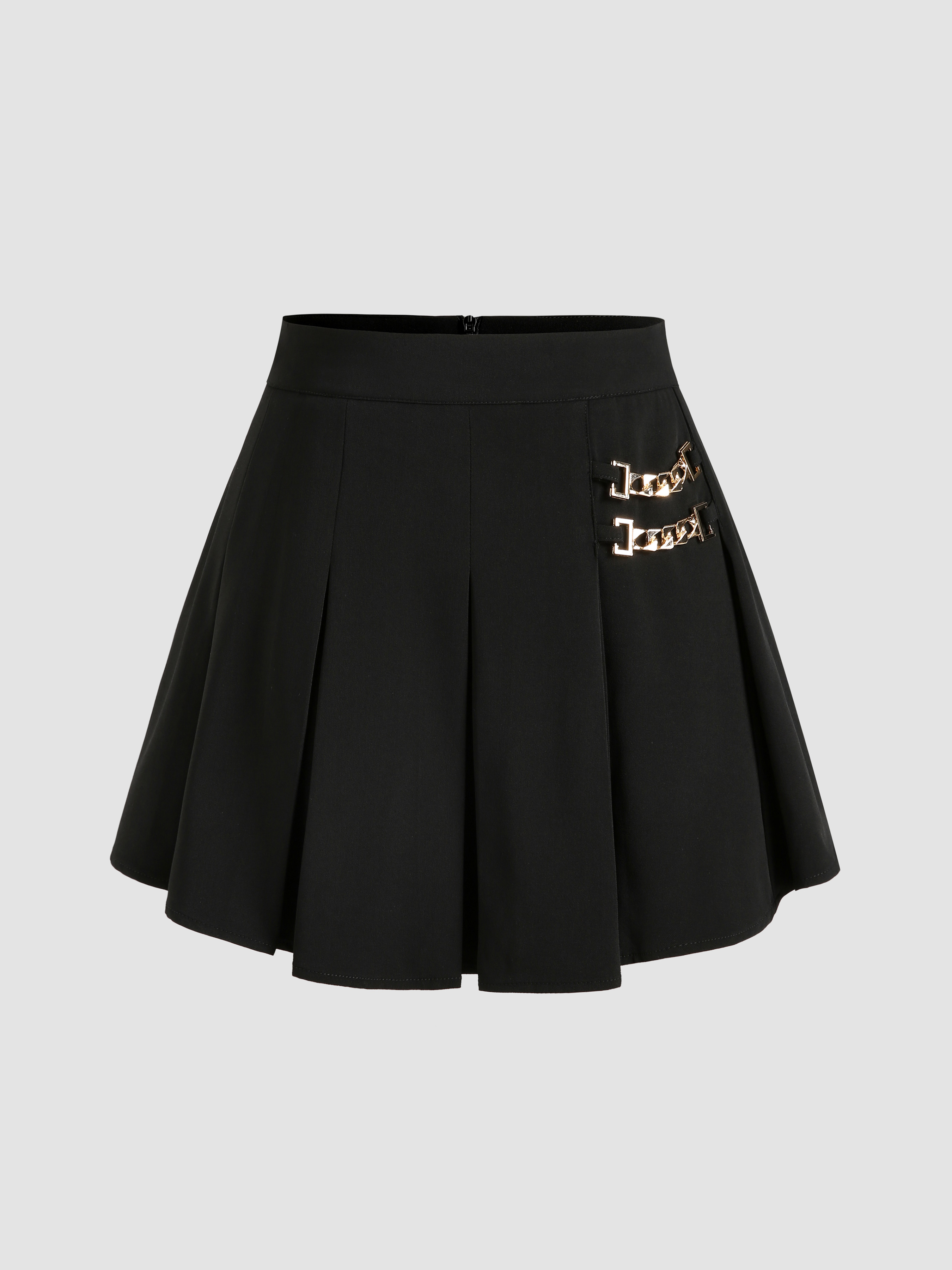 Solid Pleated Chain Detail Mini Skirt