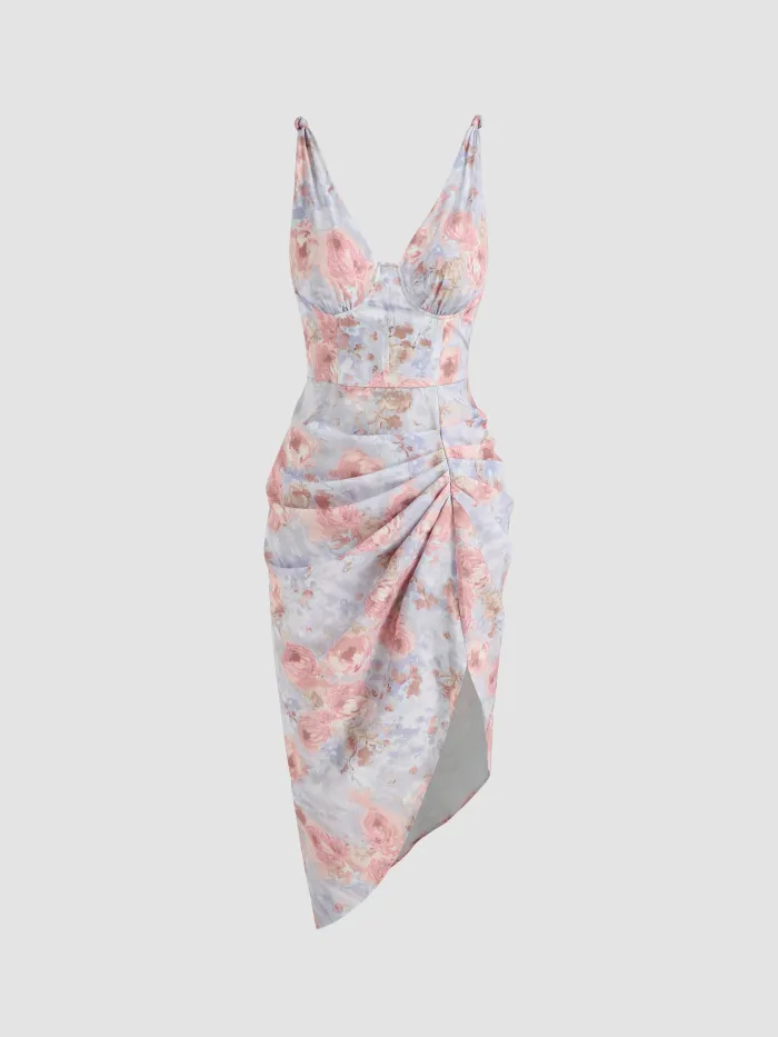 Chiffon V-neck Rosette Ruffle Hem Criss Cross Cami Maxi Dress
