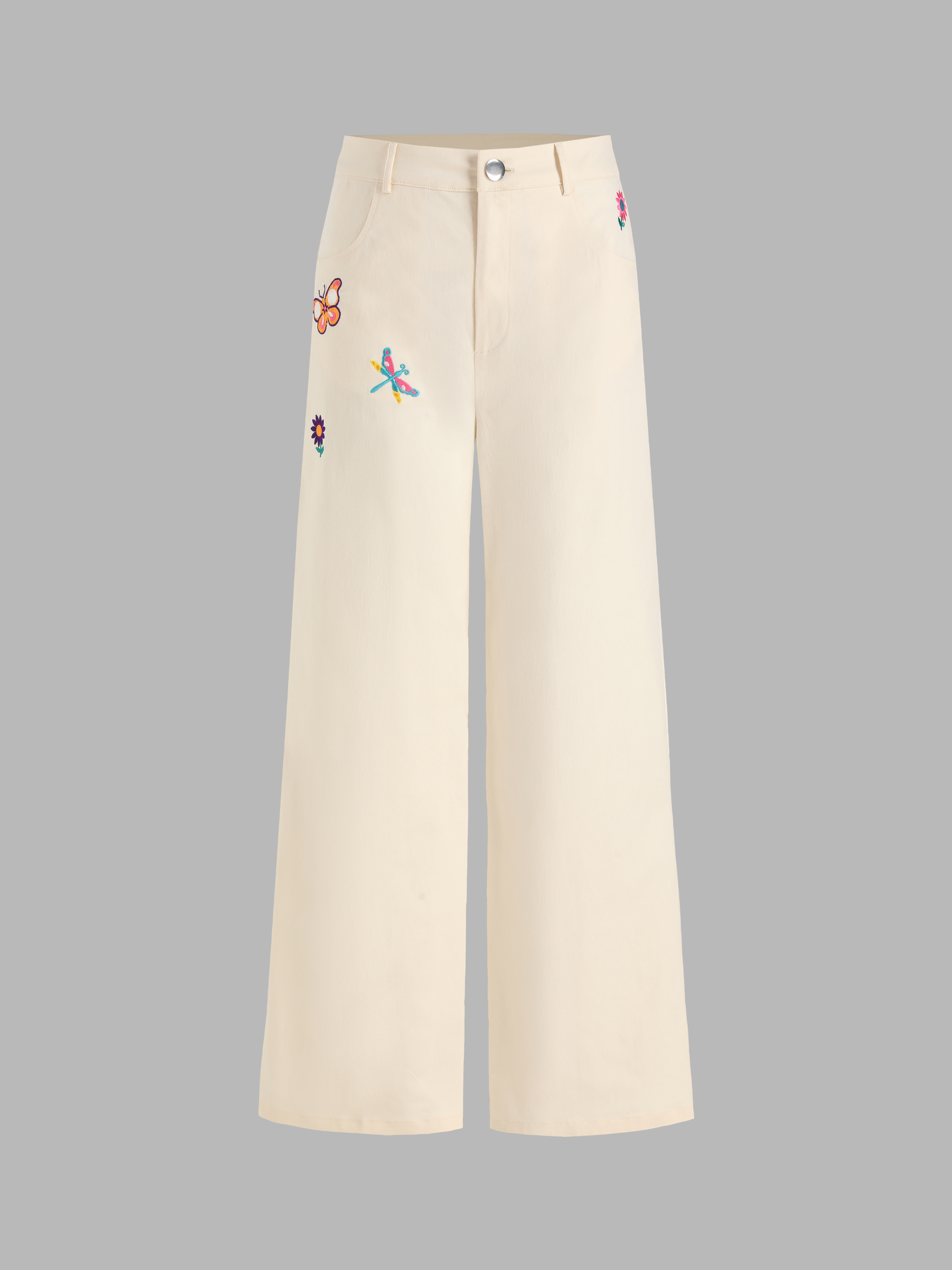 Butterfly Embroidered Wide Leg Pants - Cider