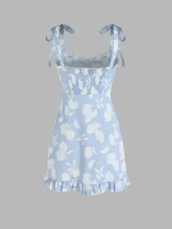  Vestido Mini con Volantes en el Dobladillo y Tirantes para Atar con Estampado de Limón