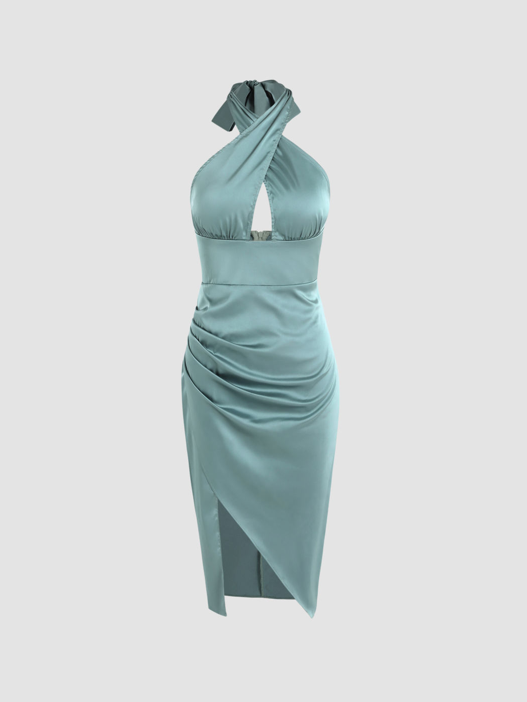 Solid Crossover Halter Satin Midi Dress