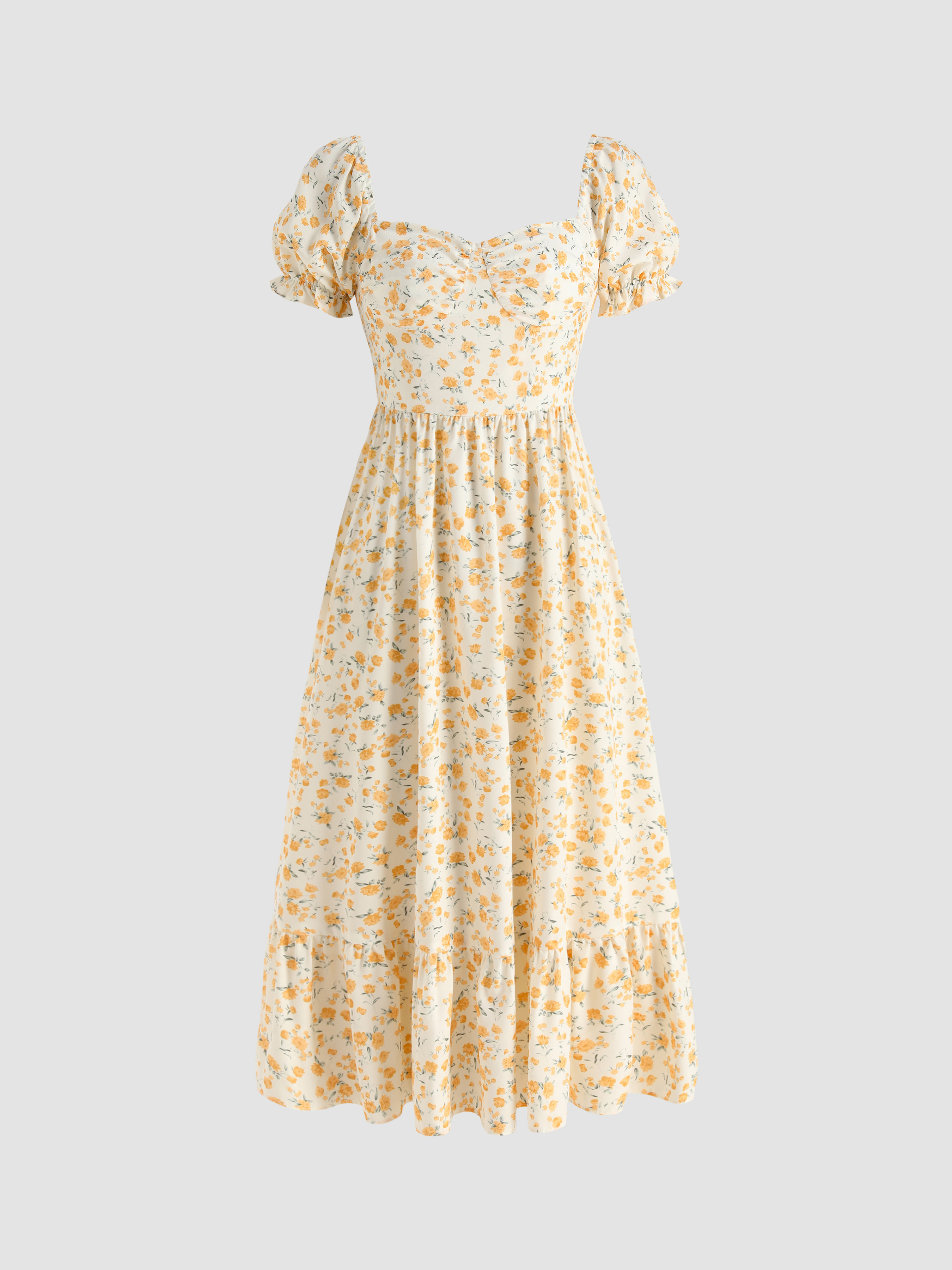 Floral Ruffle Puff Sleeve Midi Dress Cider