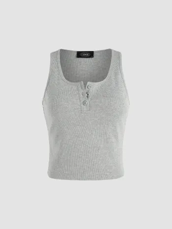 Solid Rib Button Up Tank Crop Top