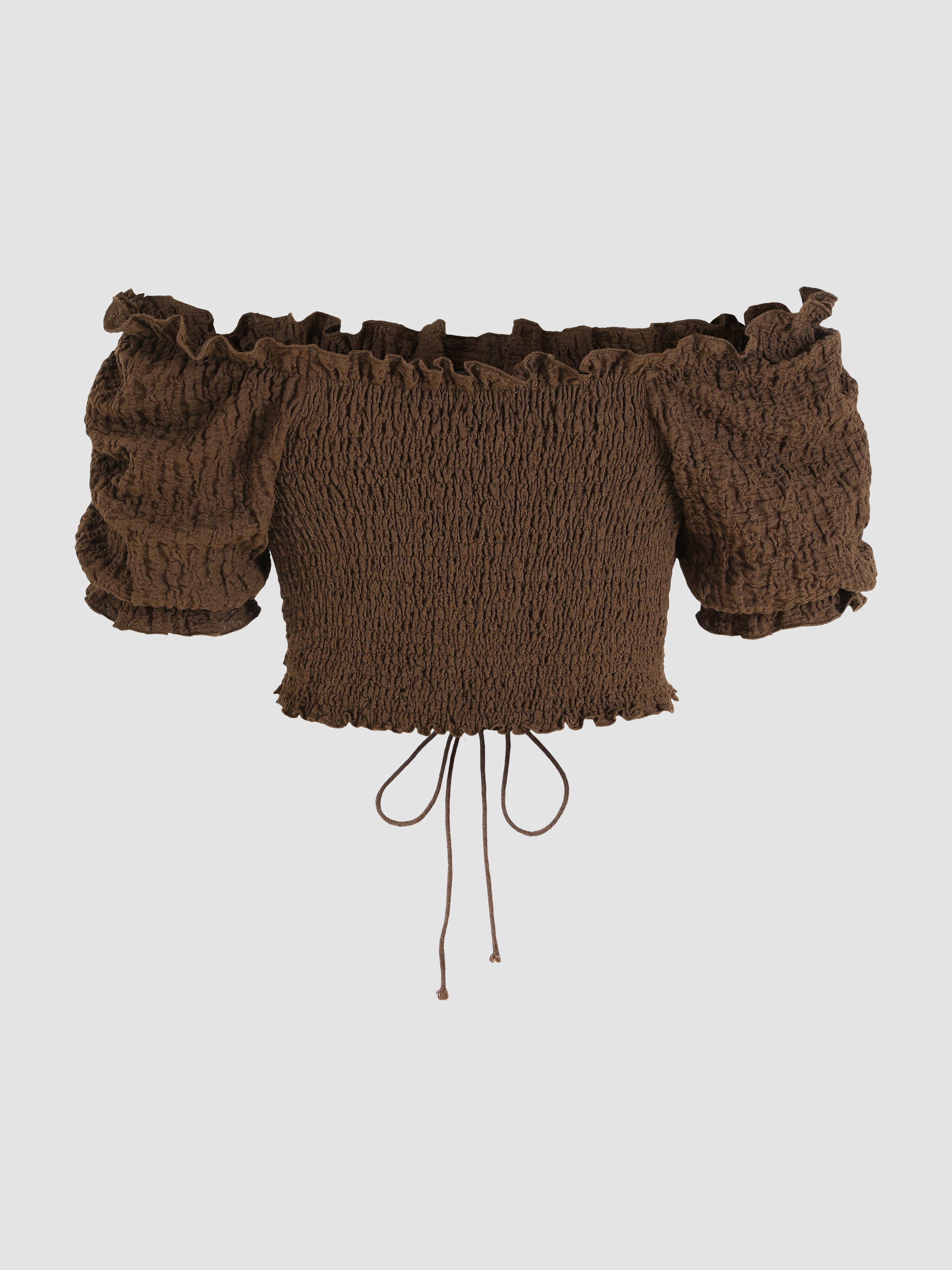 Texture Shirred Lace Up Off Shoulder Crop Top For Vacation