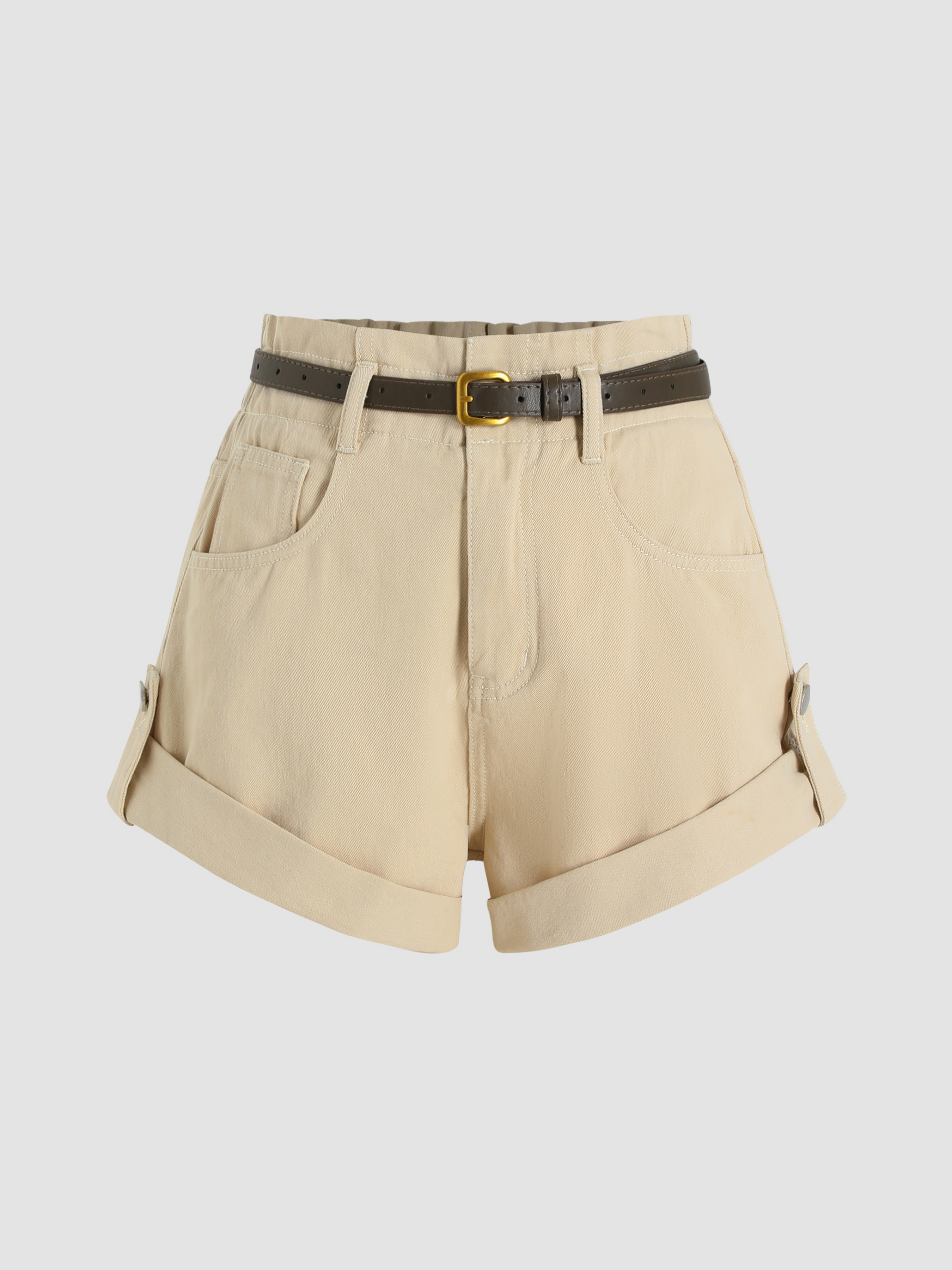 Denim Elastic Waist Shorts With Belt - Cider