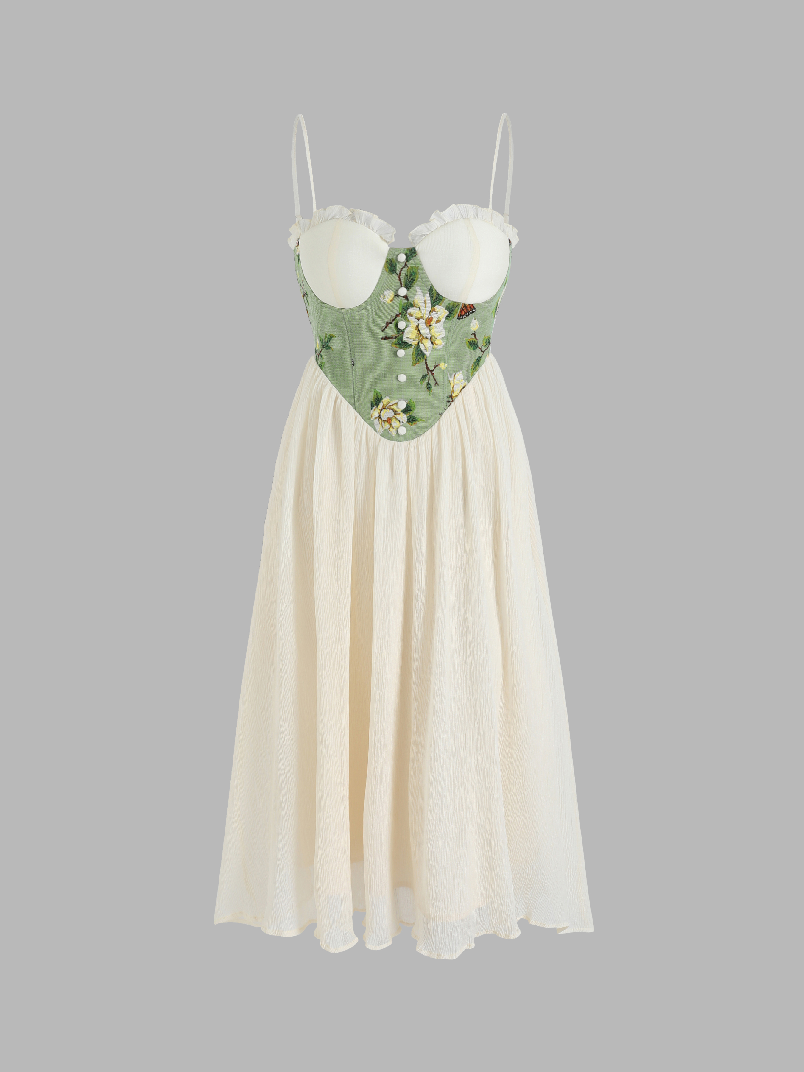 Floral & Butterfly Lace Trim Mesh Midi Dress Cider