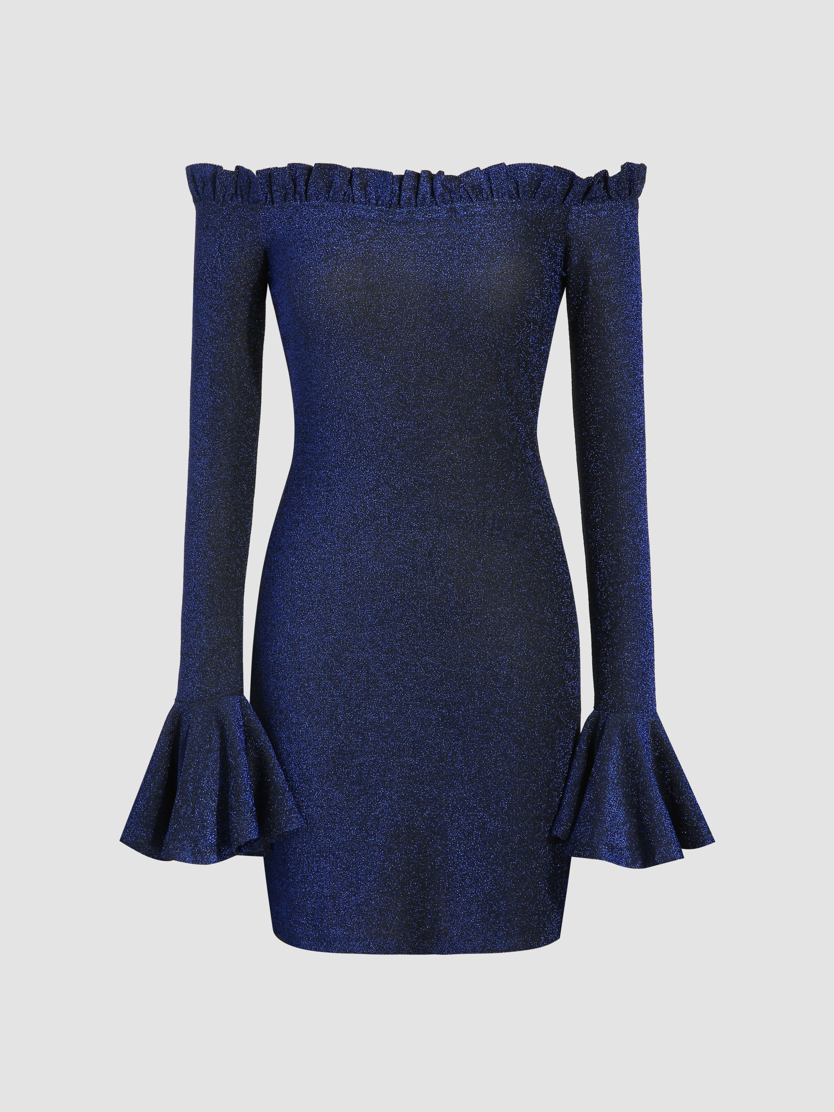 Glitter Off Shoulder Ruffle Trim Mini Dress For Exhibition Vacation