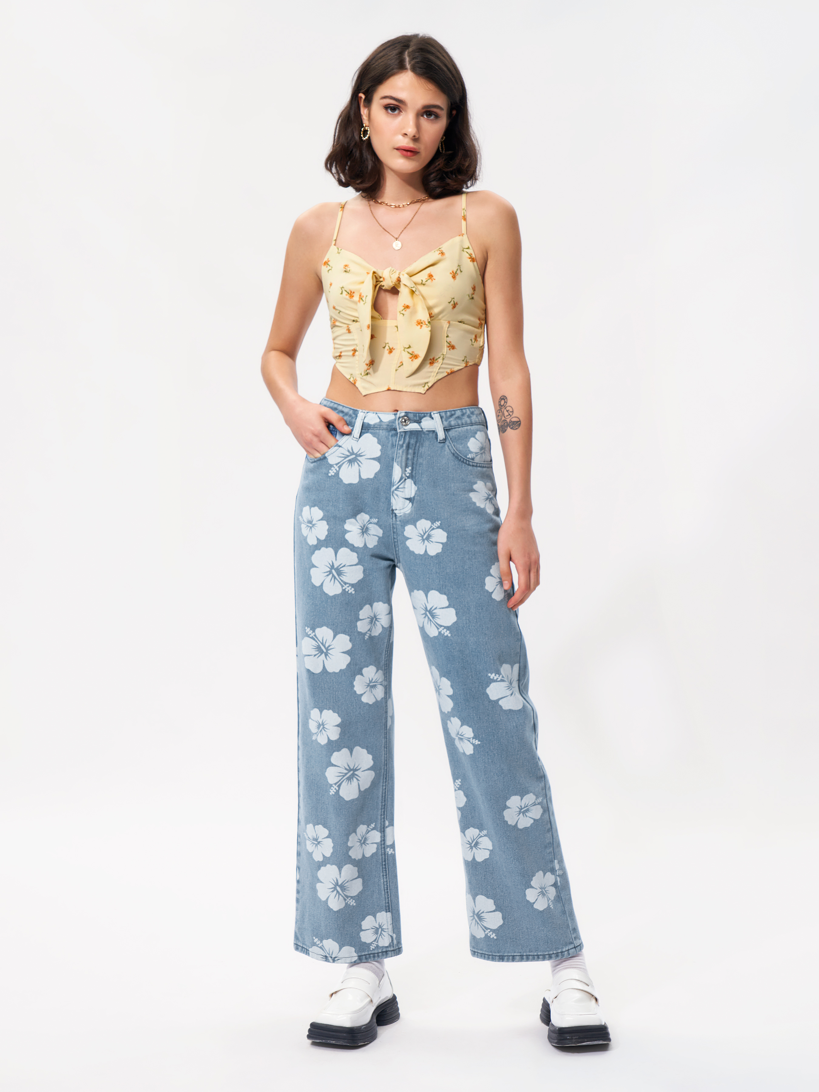 Floral Print Denim Jeans For Vacation School Daily Casual