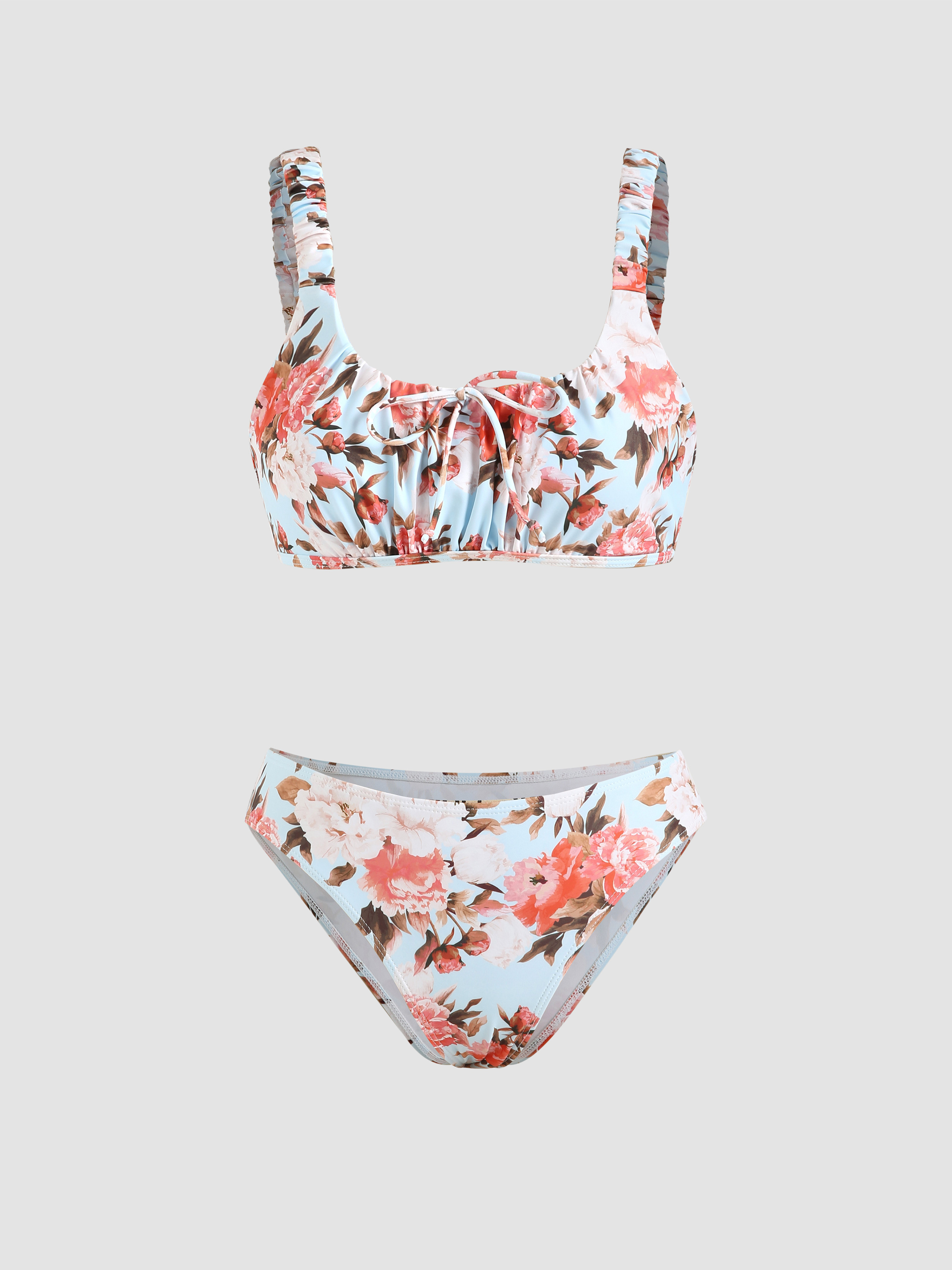 Romantic Floral Tie Front Bikini Swimsuit Cider 