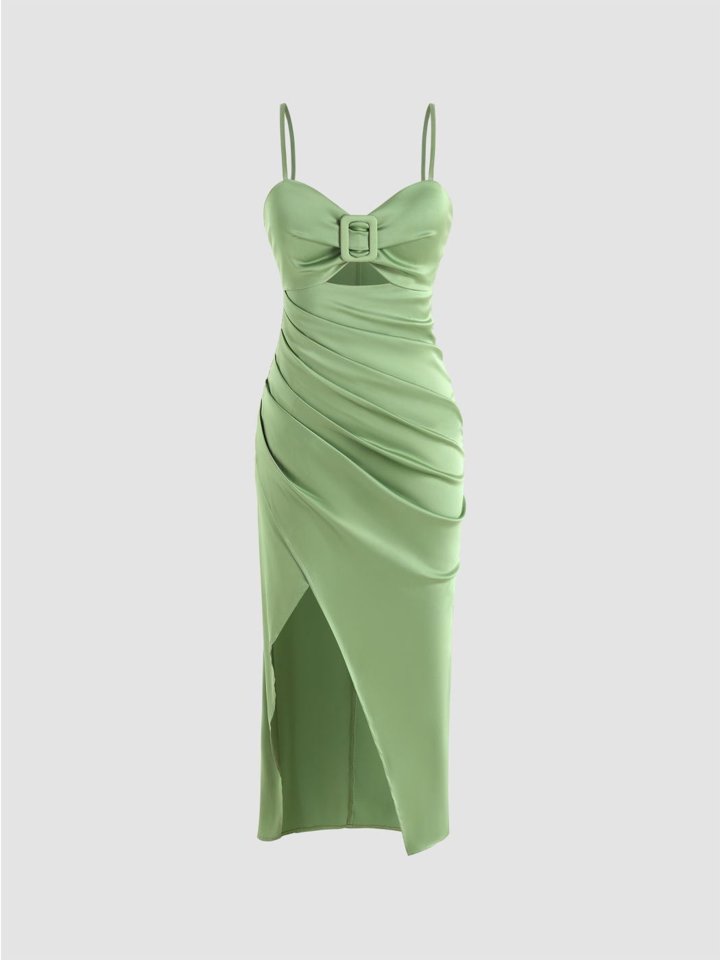 Satin Ruched Cut Out Slit Midi Dress