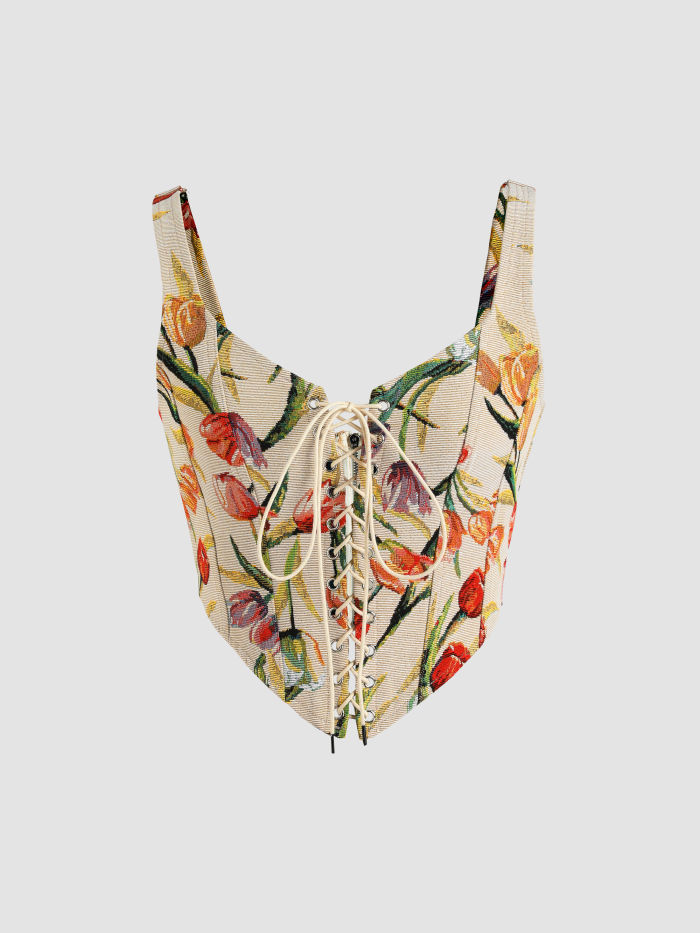 Floral Lace Up Corset Tank Top Cider