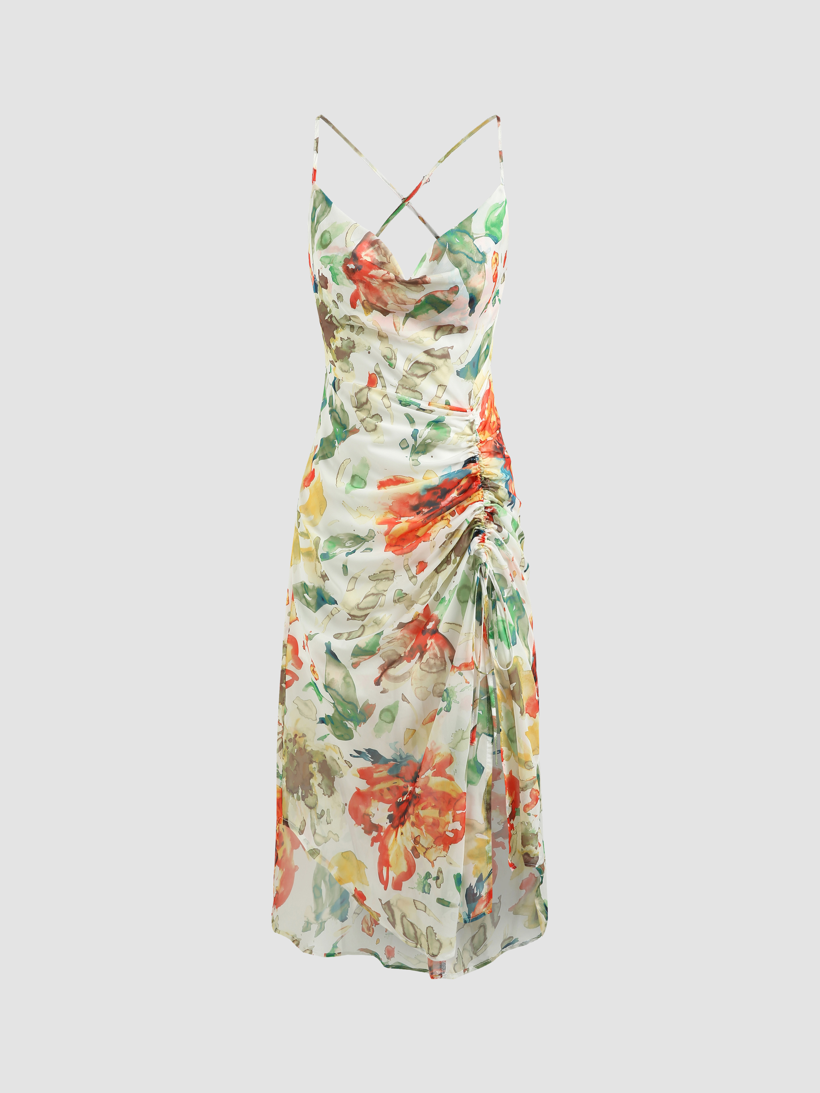 Cowl Neck Ruched Maxi Dress For Exhibition Vacation