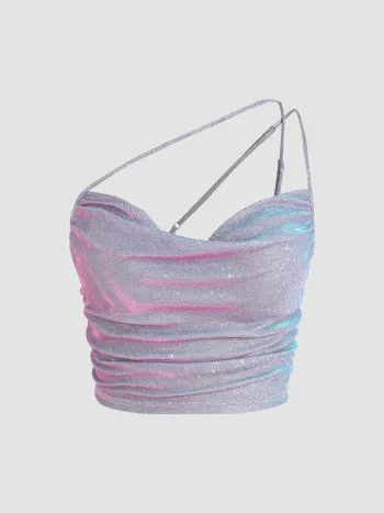 Glitzerndes geriffeltes Tank-Crop-Top mit Kragenhals