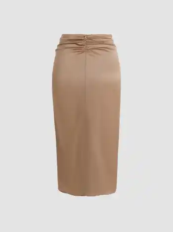 Satin Tie Front Slit Midi Skirt