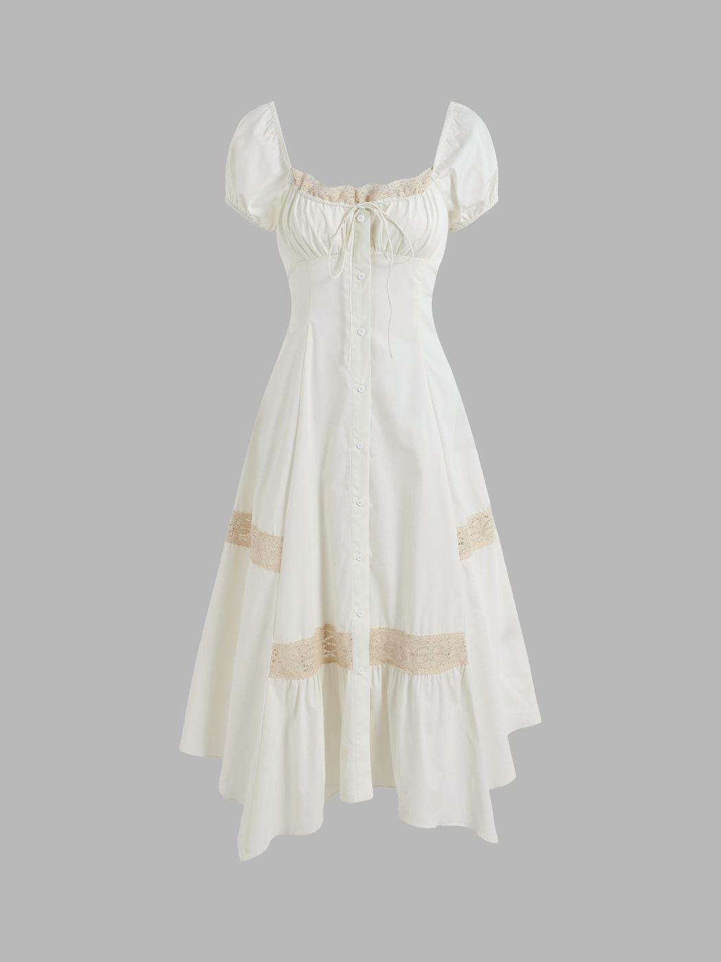 Gerafftes Midikleid mit Spitzenbesatz und asymmetrischem Saum