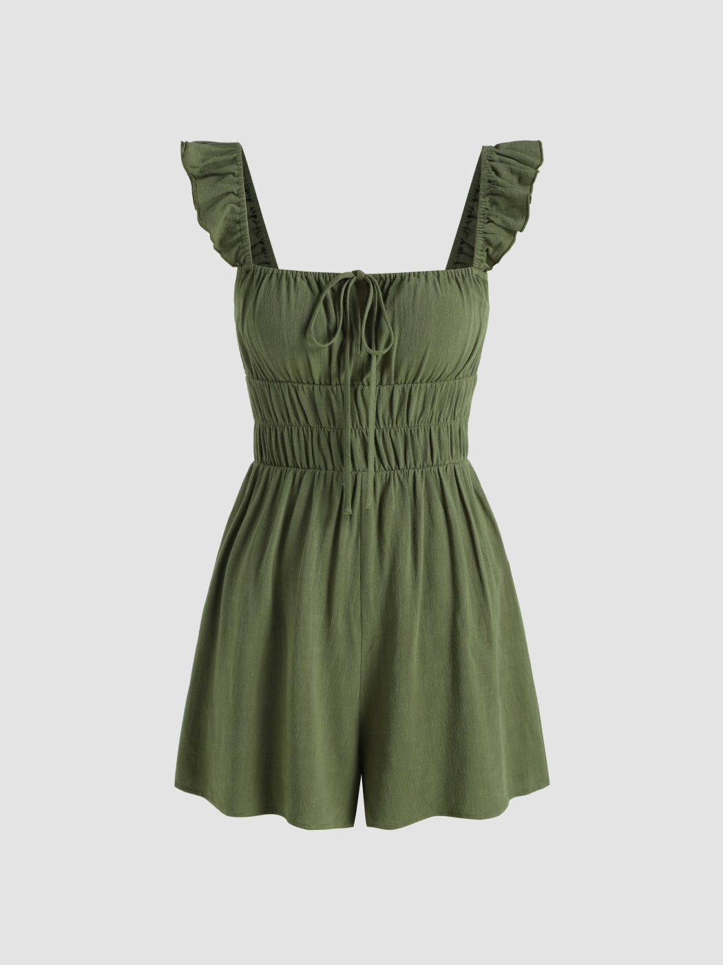 Leinen-Mischung Einfarbiger Geraffter Rüschen Gebundener Playsuit