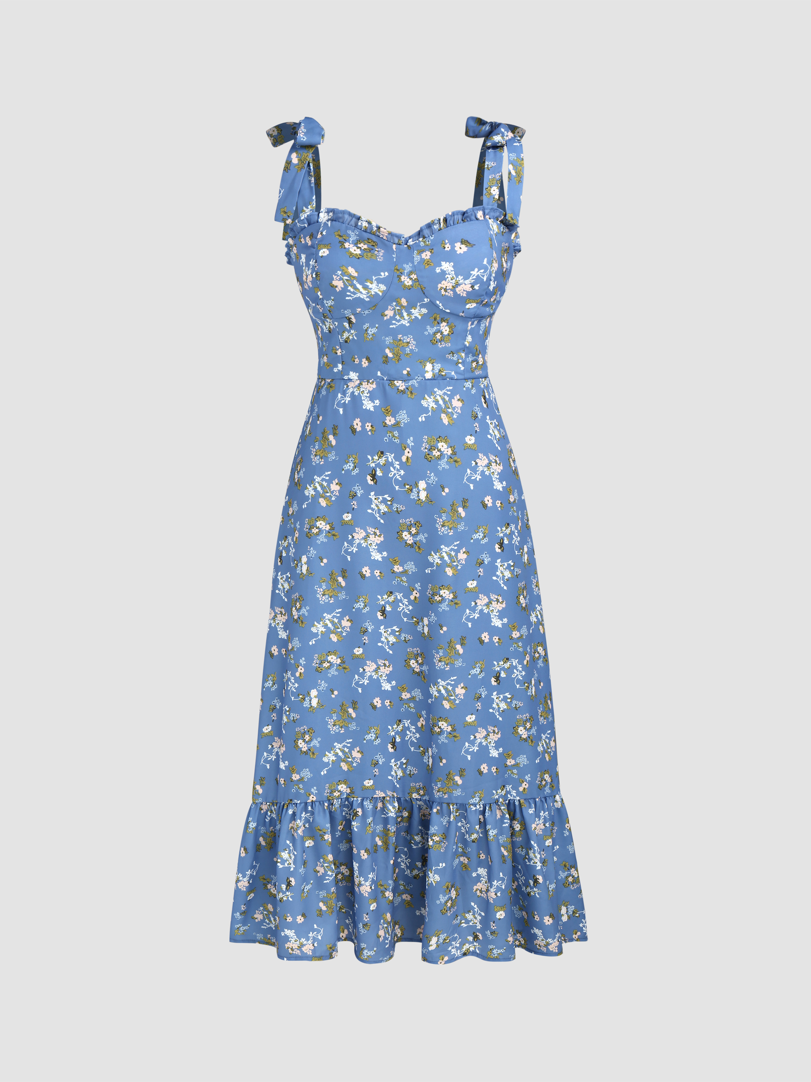 Floral Ruffles Tie Shoulder Midi Dress Cider