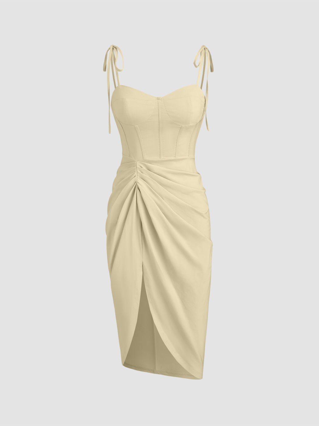  Solid Ruched Tie Shoulder Corset Slit Dress
