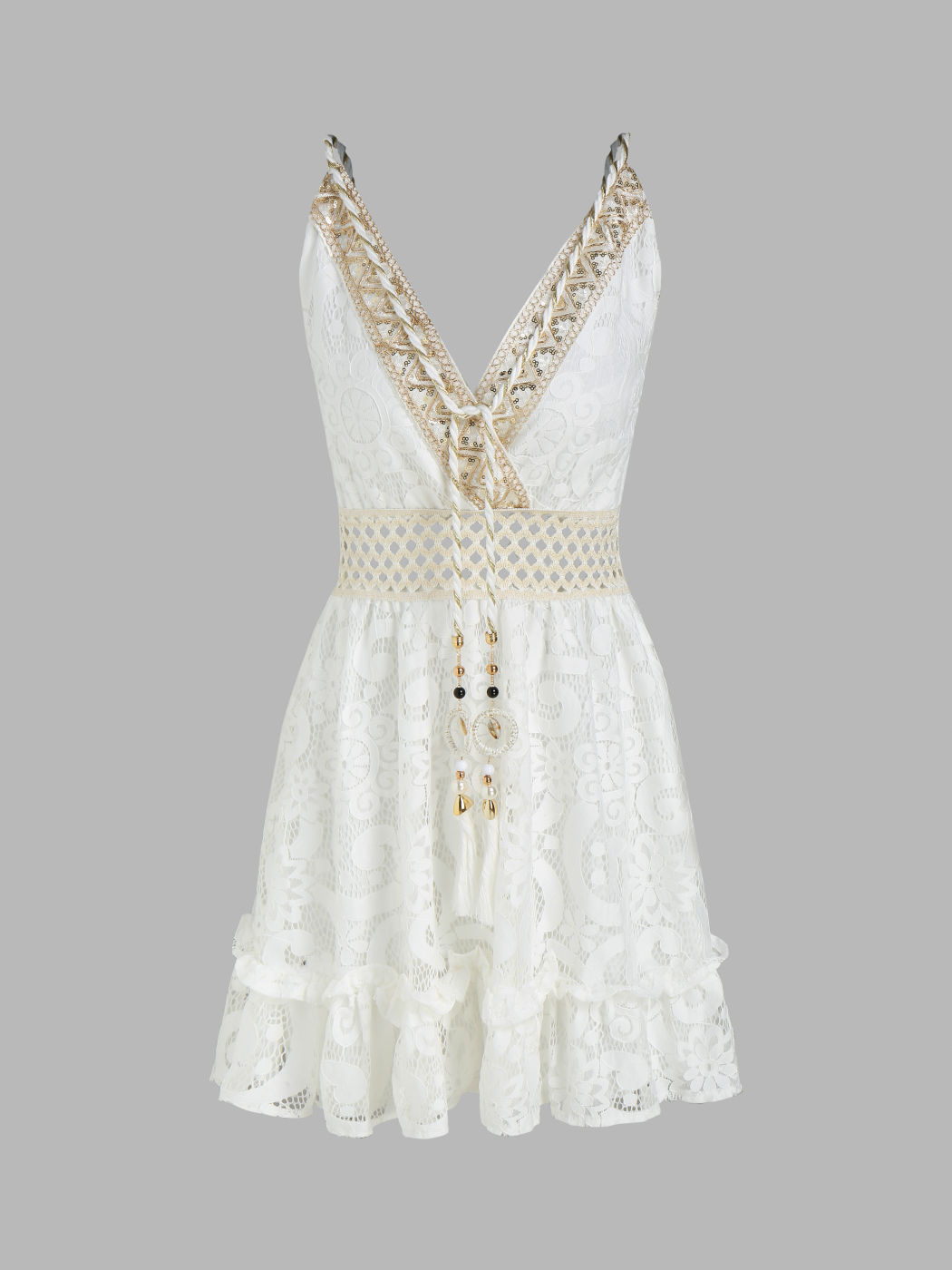 Tassel Tie Front Lace Mini Dress