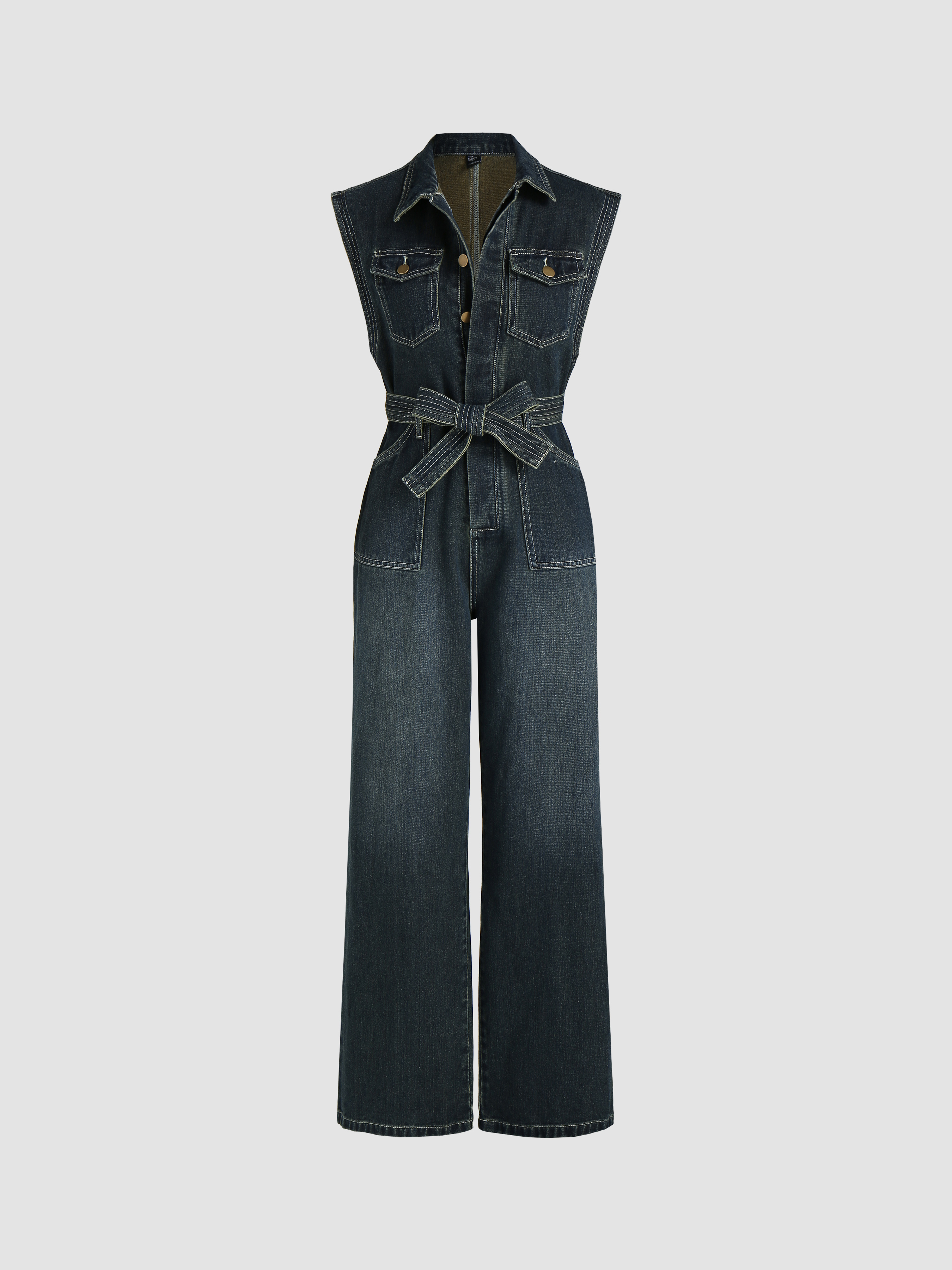 Denim Collar Jumpsuit With belt Cider