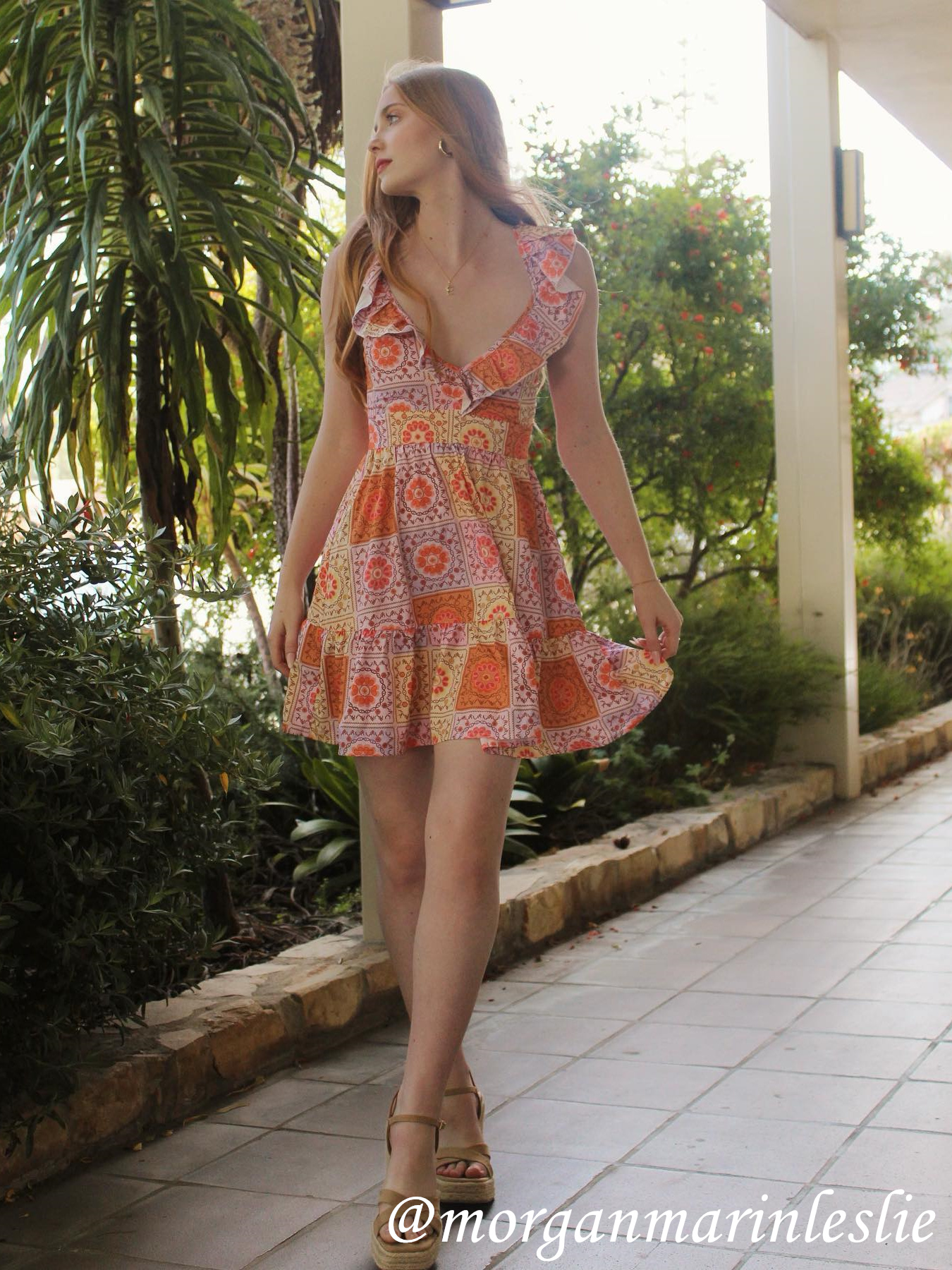 Tropical Floral Mini Ruffle Dress Cider