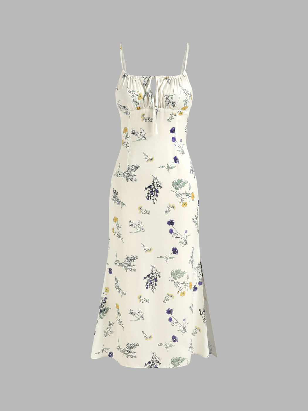 Geblümtes Midikleid mit Kordelzug und Schlitz