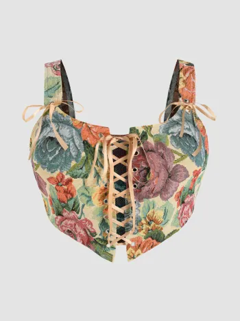 Floral & Butterfly Lace Up Tank Top Curve & Plus