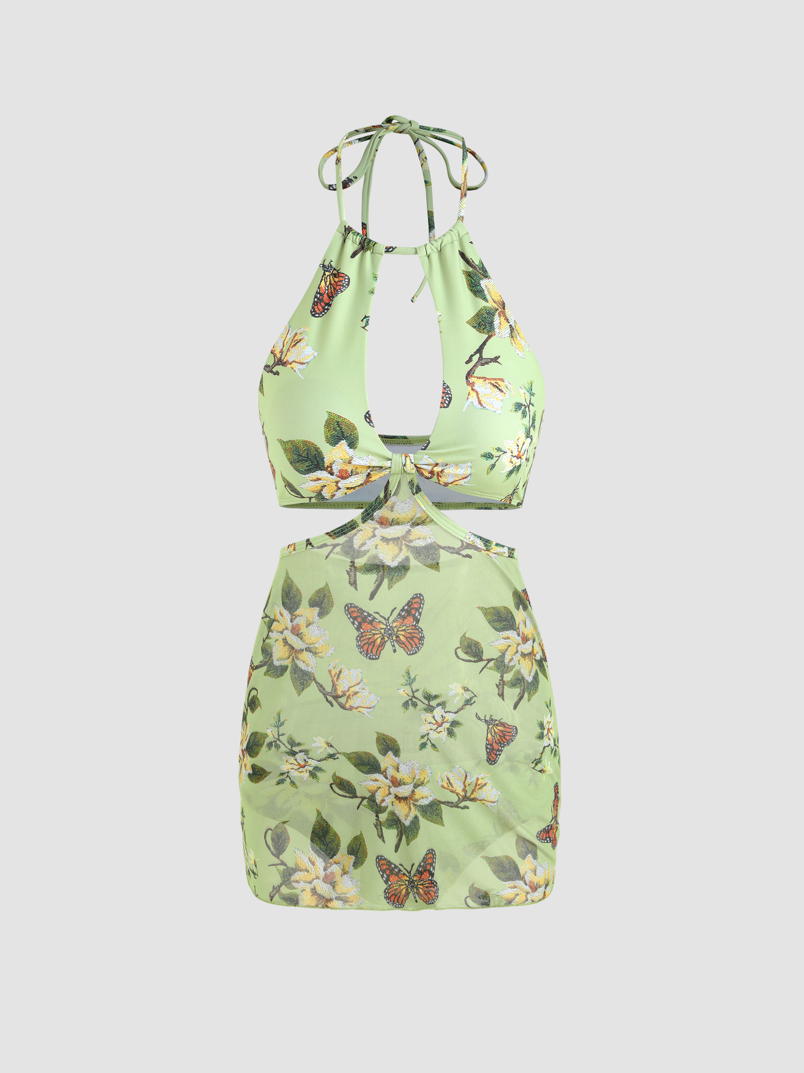 2pcs Floral Butterfly Halter Swimsuit Cider