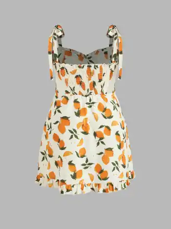 Lemon Print Ruffle Hem Tie Shoulder Mini Dress Curve & Plus