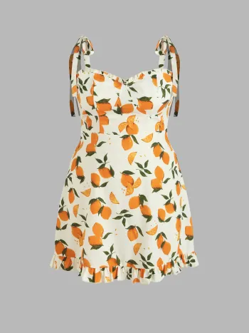 Lemon Print Ruffle Hem Tie Shoulder Mini Dress Curve & Plus