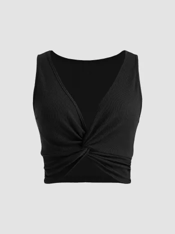  Einfarbiges Rippen-Crop Top mit Twist Front