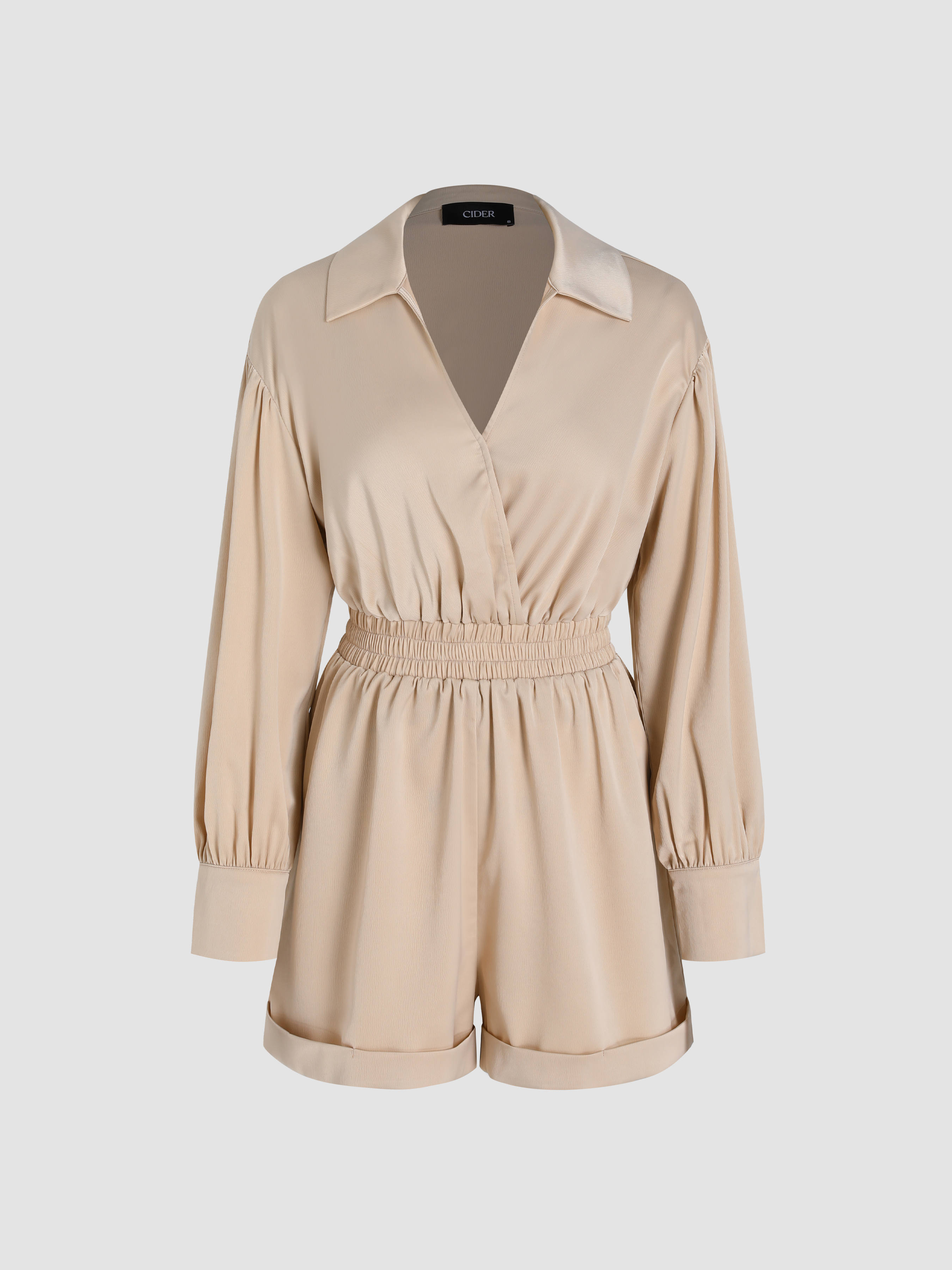 Solid Long Sleeve Collar Romper Cider