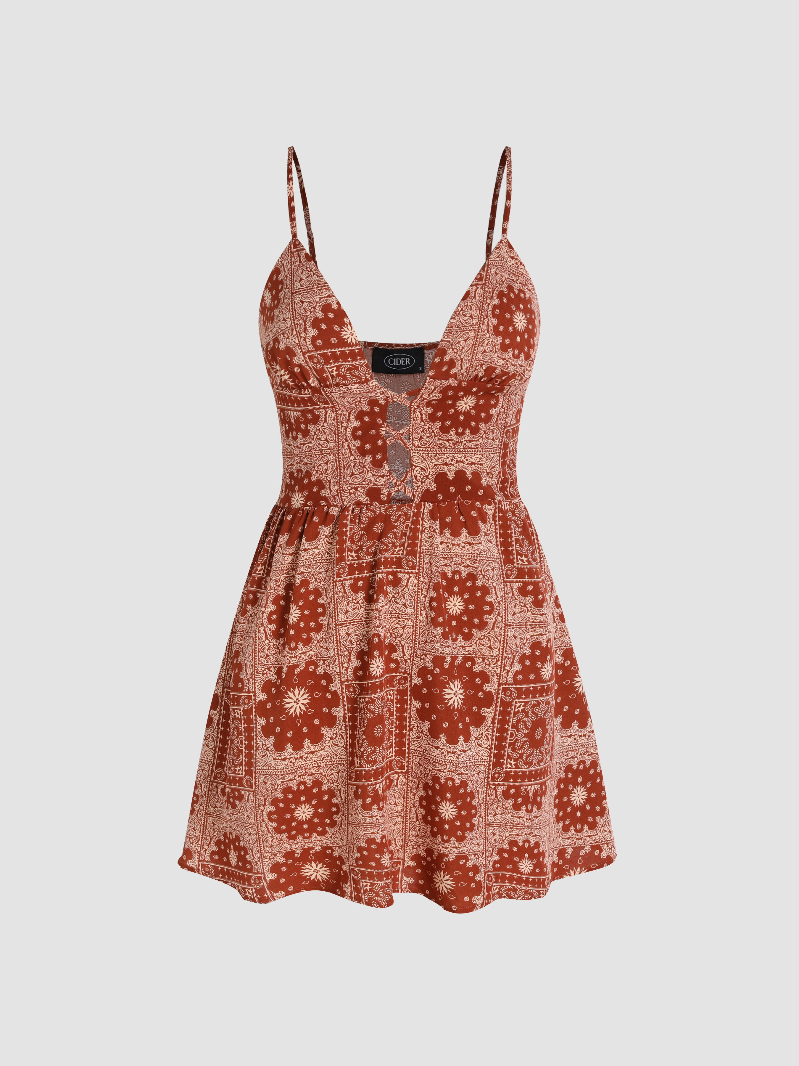 Floral Paisley Hollow Out Mini Dress - Cider