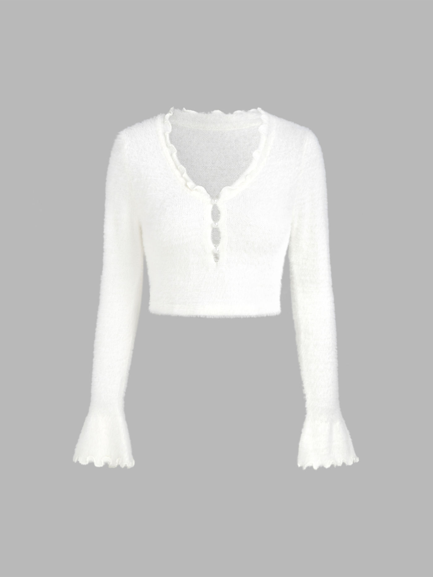 Knit Solid V-neck Pearl Crop Top