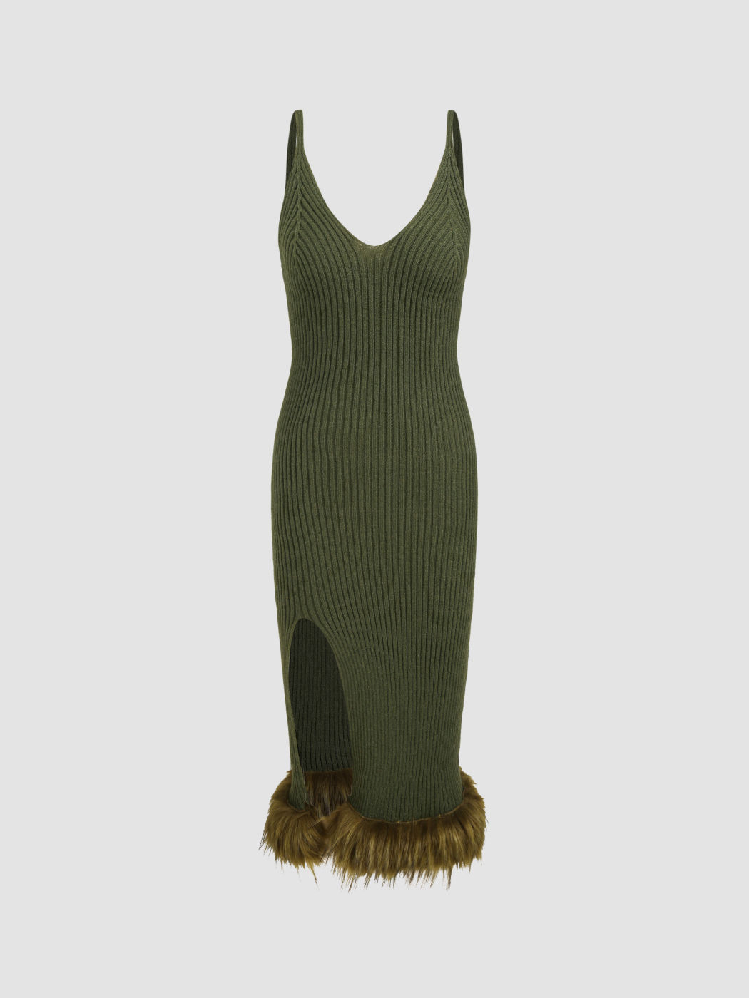  Strick Wunschdenken Olivgrünes Fellbesatz Midikleid