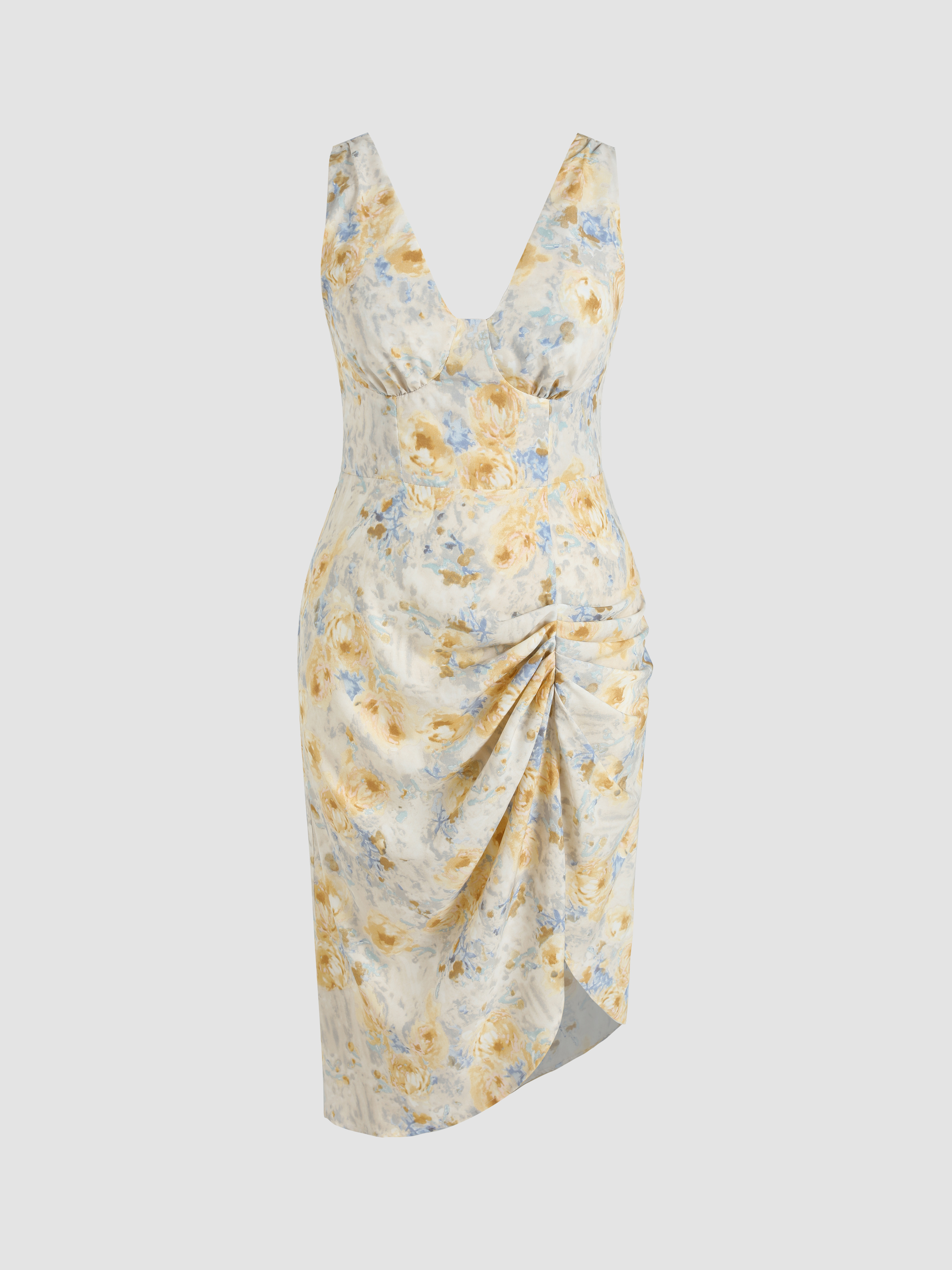 Curve & Plus Illusion Floral Ruched Midi Dress - Cider
